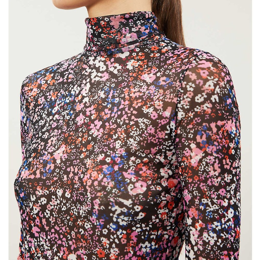 NWT  MAJE Floral-Print Mesh Long Sleeves Top 1/S - Picture 3 of 4
